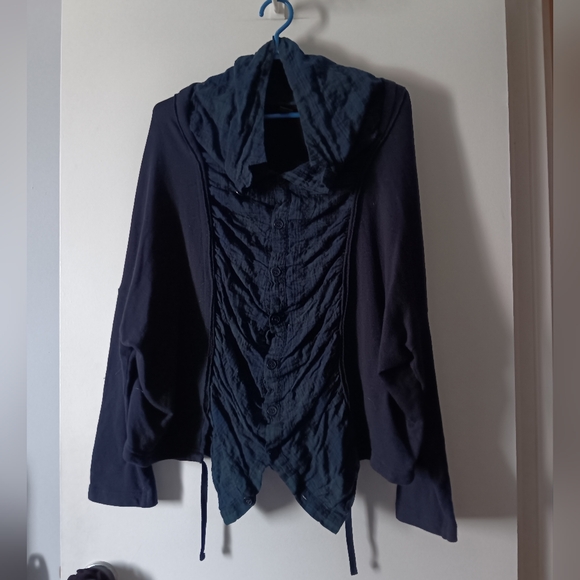 Y’S YOHJI YAMAMOTO Navy Blue Wool Sweater w/ Blue Plaid Ruched Insert 2 M - Picture 1 of 5